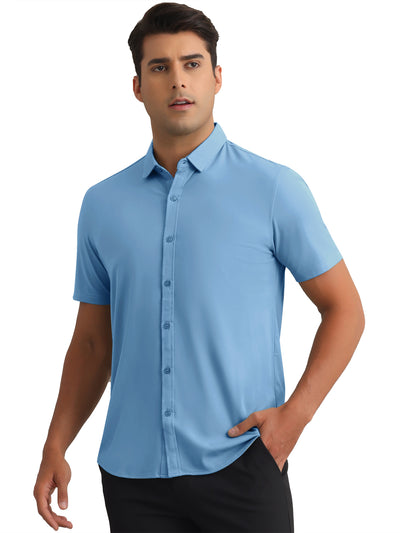 Men's Button Down Point Collar Short Sleeve Solid Color Business Dress Shirts