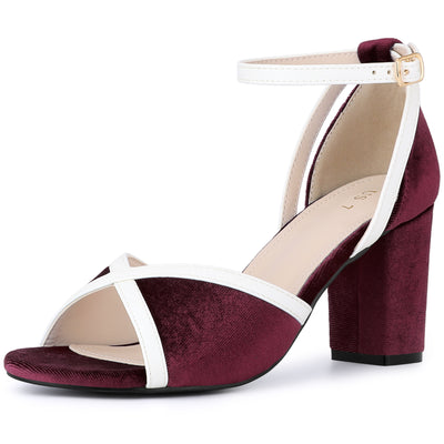 Bublédon Velvet Colorblock Ankle Strap Chunky Heel Sandals for Women