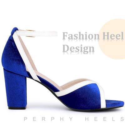 Velvet Colorblock Ankle Strap Chunky Heel Sandals for Women