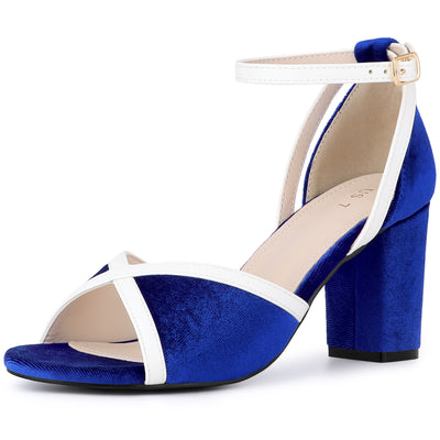 Velvet Colorblock Ankle Strap Chunky Heel Sandals for Women