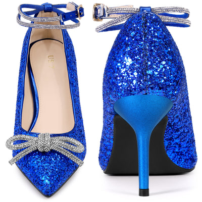 Rhinestone Bow Glitter Pointed Toe Stiletto Heel Pumps for Women