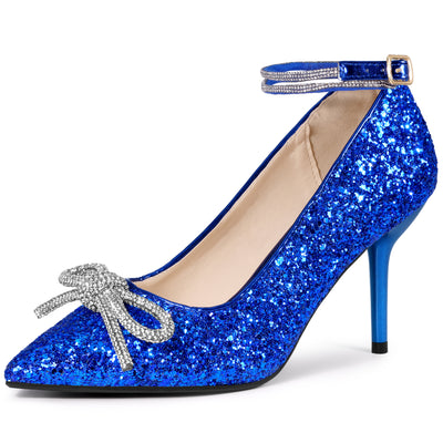 Rhinestone Bow Glitter Pointed Toe Stiletto Heel Pumps for Women