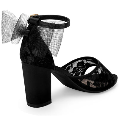 Lace Open Toe Bow Ankle Strap Block Heel Sandals for Women