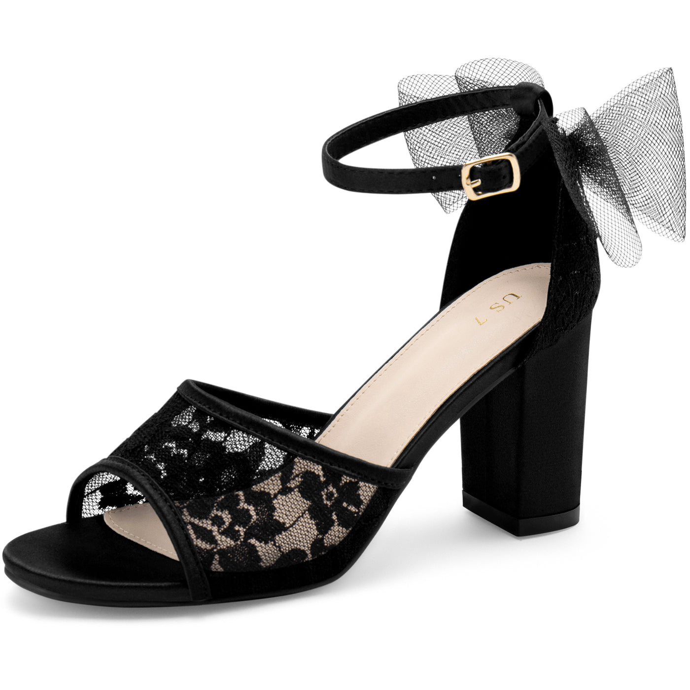 Bublédon Lace Open Toe Bow Ankle Strap Block Heel Sandals for Women