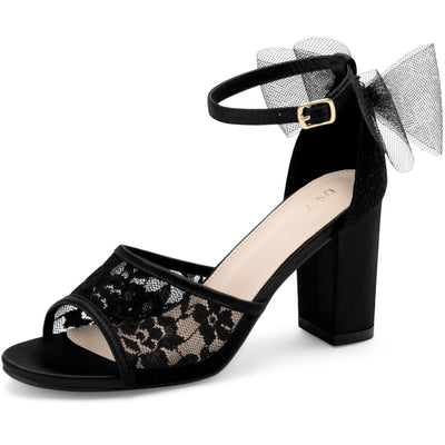 Lace Open Toe Bow Ankle Strap Block Heel Sandals for Women