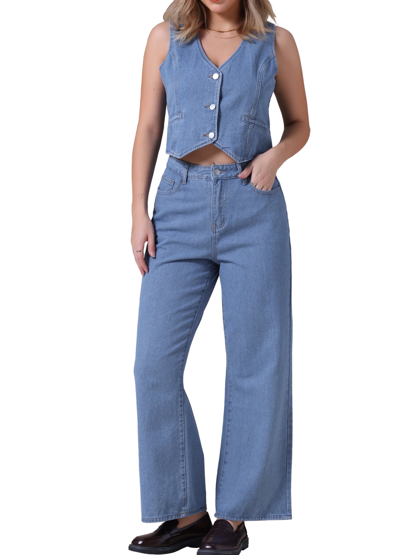 Bublédon CIMUK Women's Denim 2 Piece Outfits Jean Vest Top and Pants Set