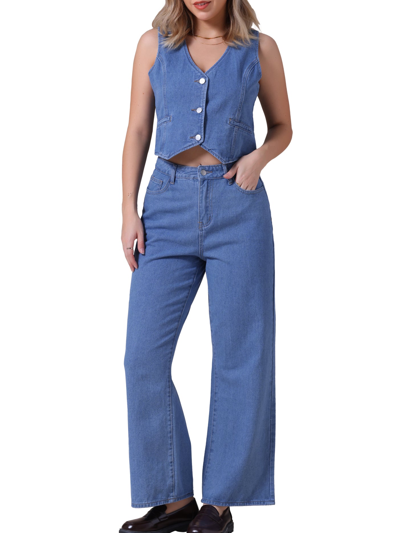 Bublédon CIMUK Women's Denim 2 Piece Outfits Jean Vest Top and Pants Set