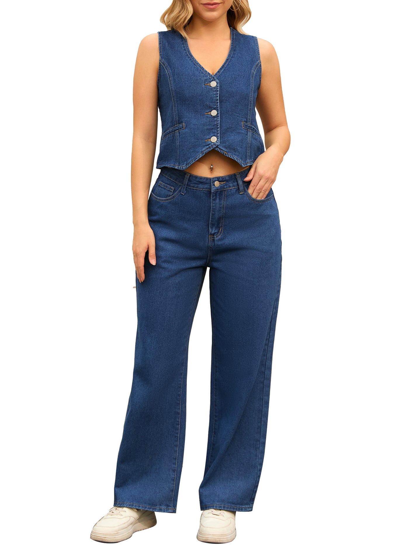 Bublédon CIMUK Women's Denim 2 Piece Outfits Jean Vest Top and Pants Set