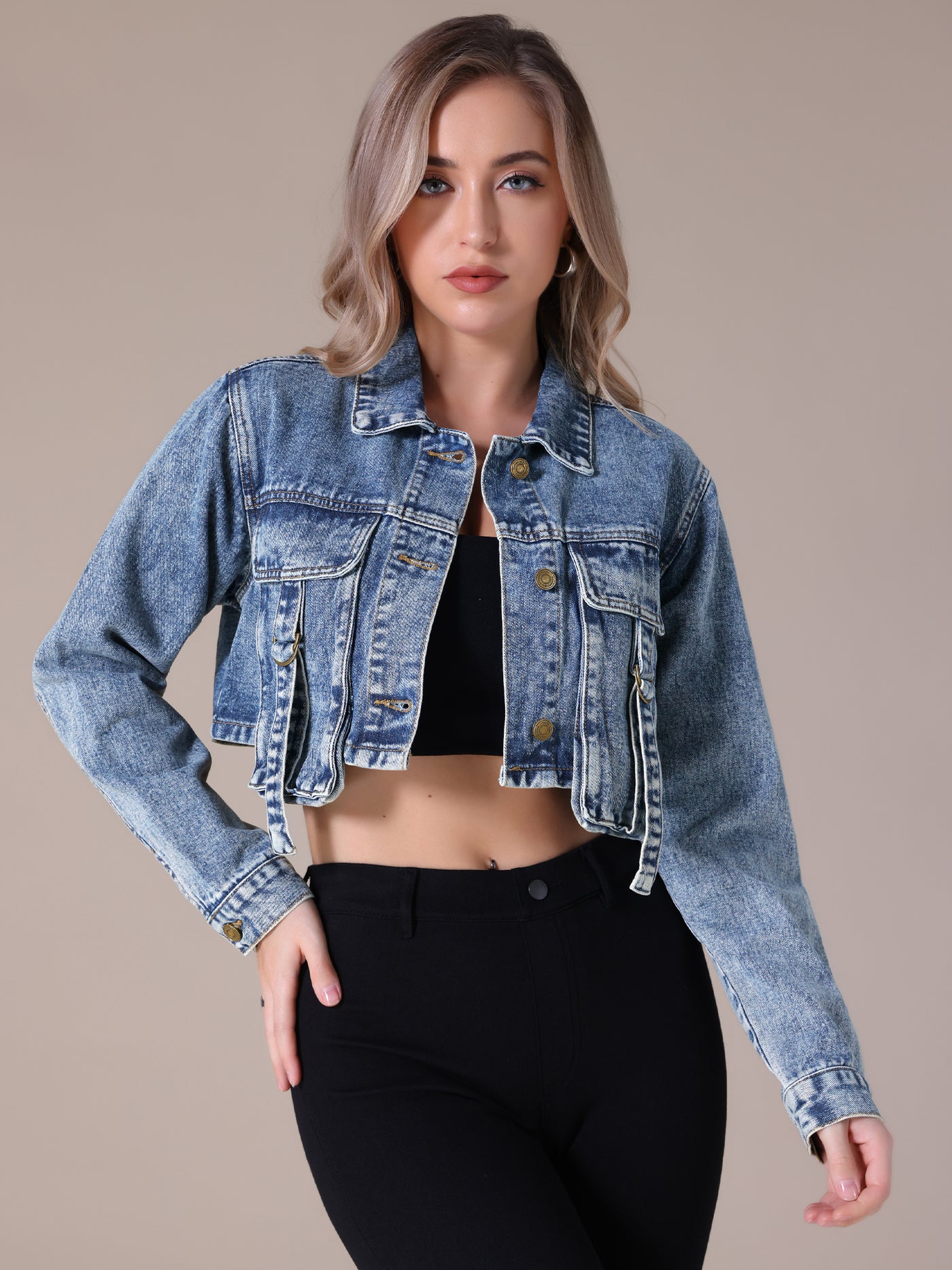 Bublédon Women's Crop Denim Jacket Long Sleeve Cargo Pockets Washed Jean Jackets