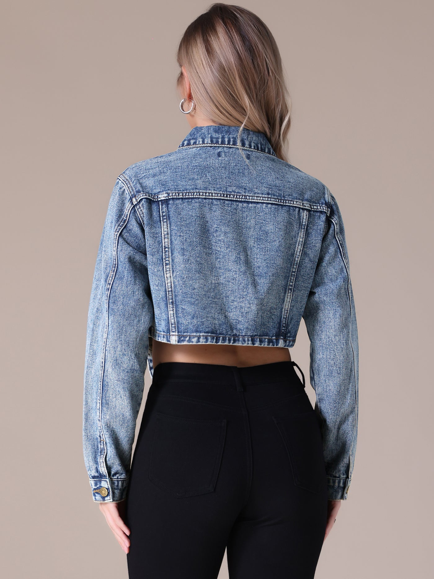 Bublédon Women's Crop Denim Jacket Long Sleeve Cargo Pockets Washed Jean Jackets