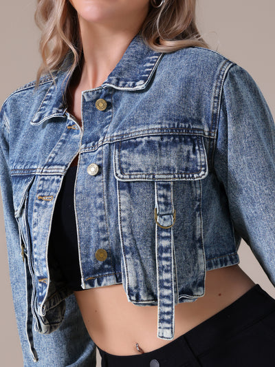 Women's Crop Denim Jacket Long Sleeve Cargo Pockets Washed Jean Jackets