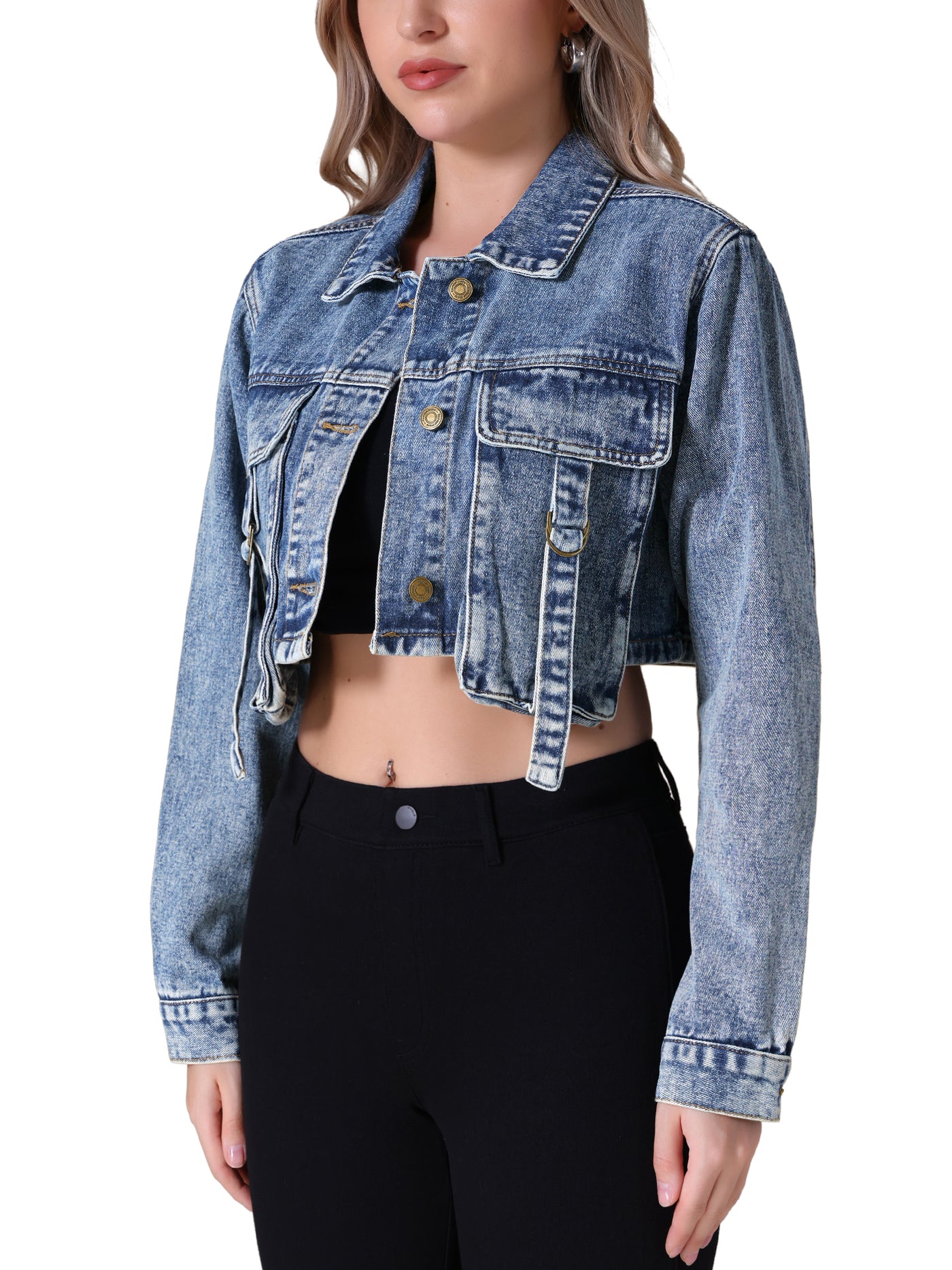 Bublédon Women's Crop Denim Jacket Long Sleeve Cargo Pockets Washed Jean Jackets