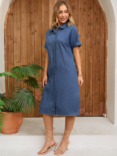 Women's Midi Denim Summer Short Sleeve Button Down Casual Loose Long Tunic Jean Shirt Dress