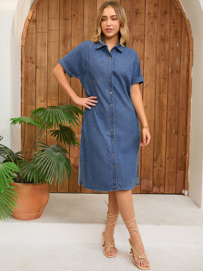 Women's Midi Denim Summer Short Sleeve Button Down Casual Loose Long Tunic Jean Shirt Dress