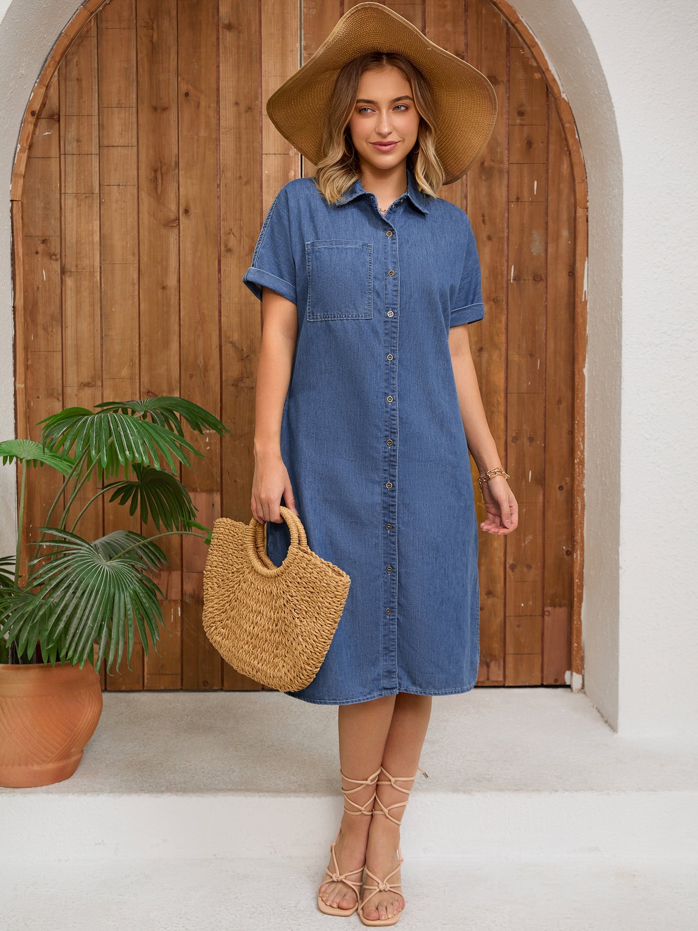 Bublédon Women's Midi Denim Summer Short Sleeve Button Down Casual Loose Long Tunic Jean Shirt Dress