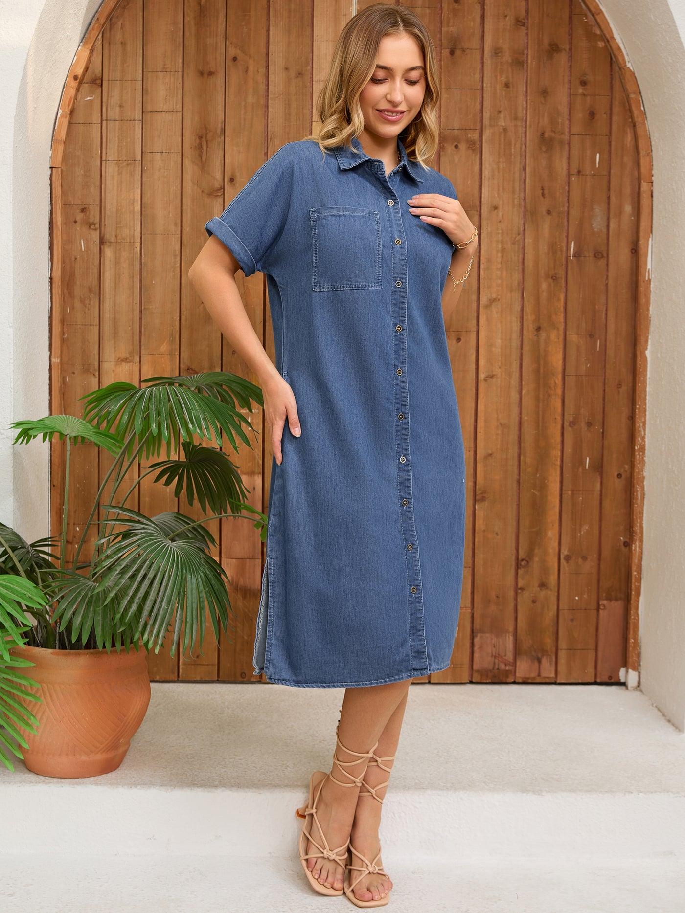 Bublédon Women's Midi Denim Summer Short Sleeve Button Down Casual Loose Long Tunic Jean Shirt Dress