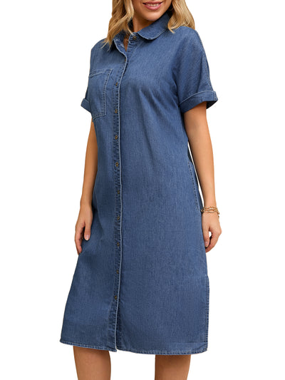 Women's Midi Denim Summer Short Sleeve Button Down Casual Loose Long Tunic Jean Shirt Dress