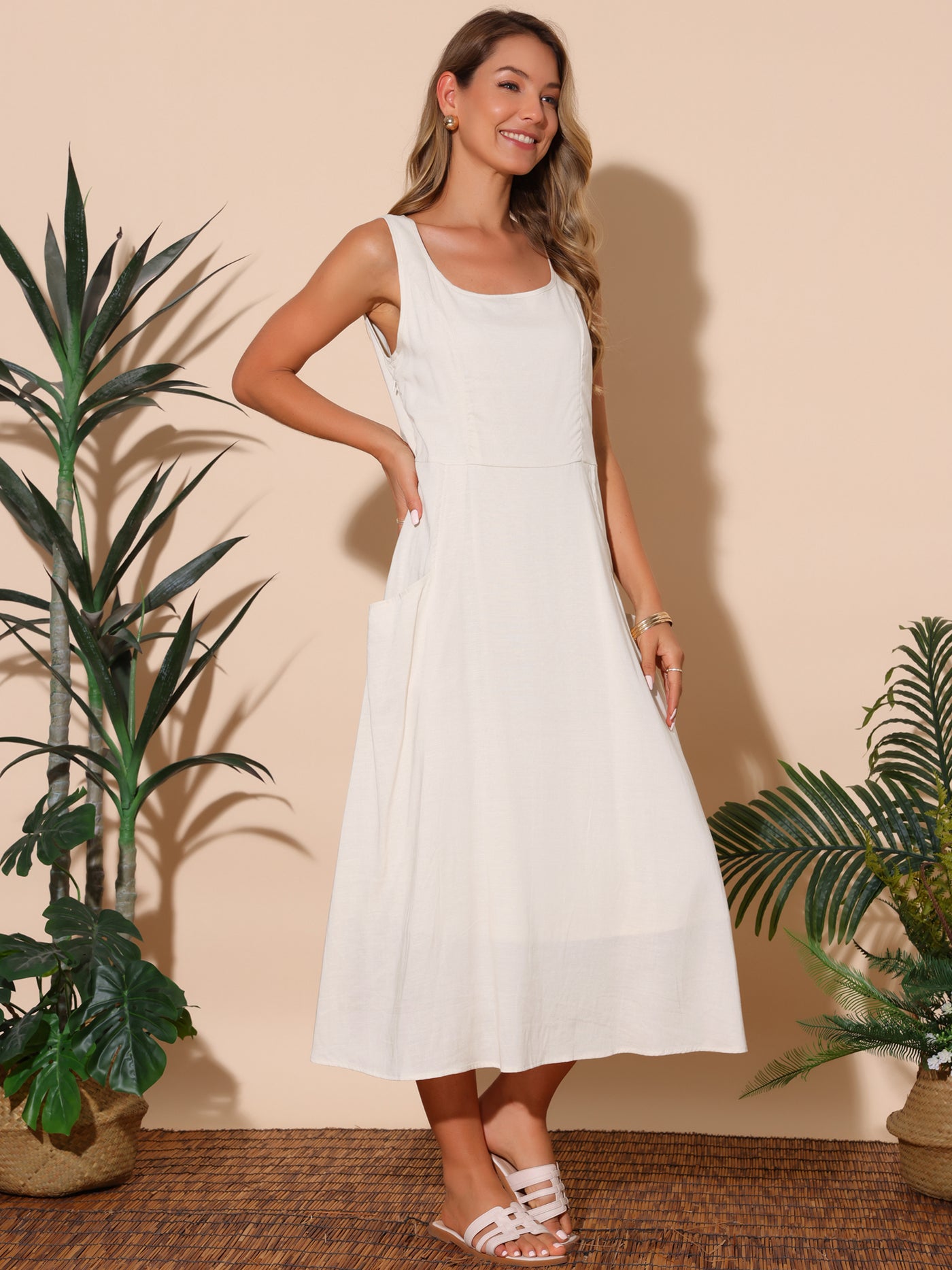 Bublédon Women's Linen Dresses Summer Sleeveless Sundress Casual Loose Flowy Maxi Tank Beach Dress