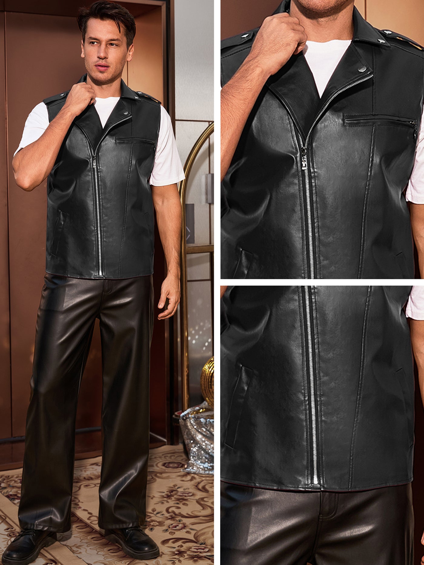 Bublédon Men's Faux Leather Motorcycle Biker Sleeveless Jacket Zipper Riding PU Vest