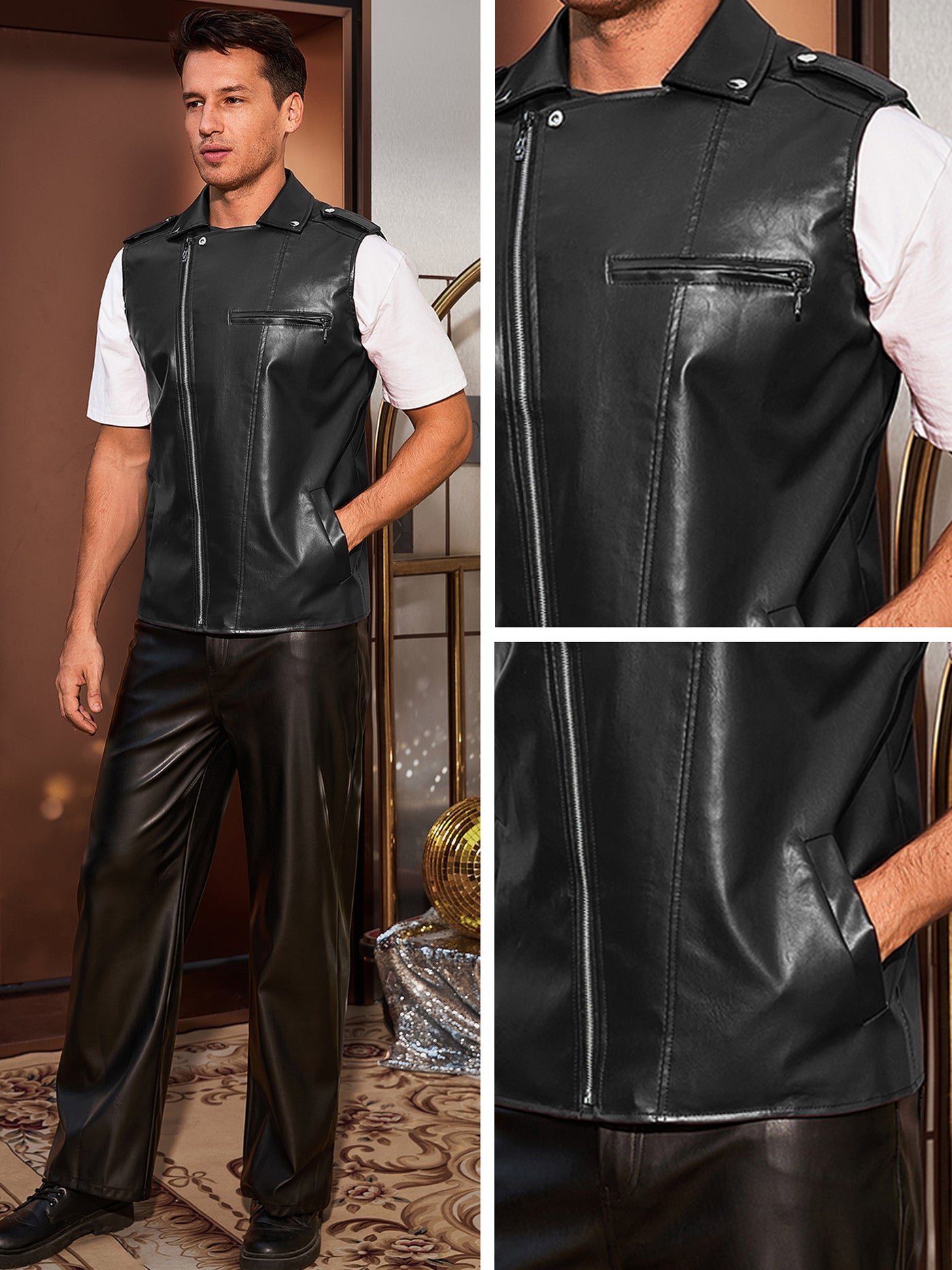 Bublédon Men's Faux Leather Motorcycle Biker Sleeveless Jacket Zipper Riding PU Vest