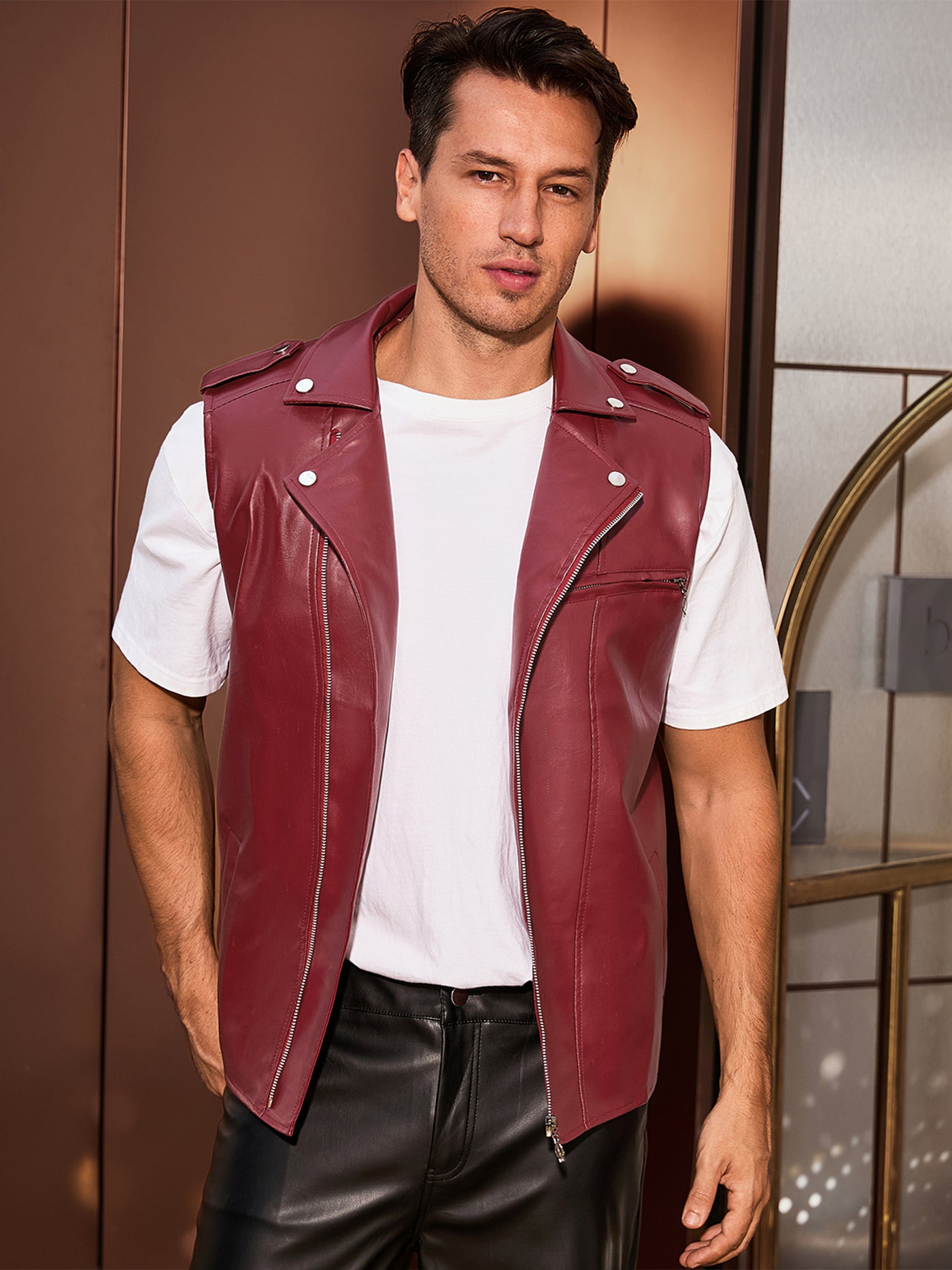 Bublédon Men's Faux Leather Motorcycle Biker Sleeveless Jacket Zipper Riding PU Vest