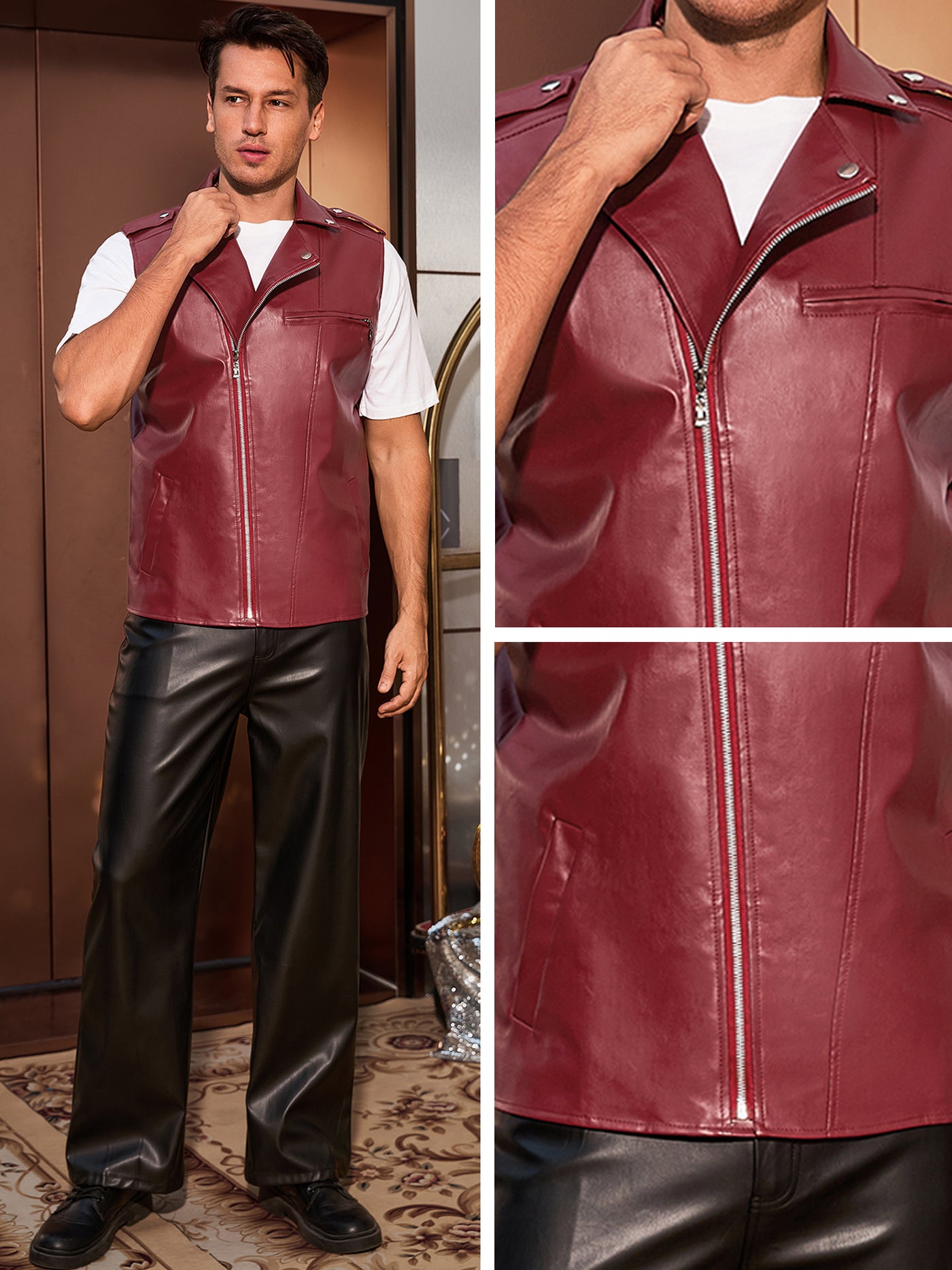 Bublédon Men's Faux Leather Motorcycle Biker Sleeveless Jacket Zipper Riding PU Vest