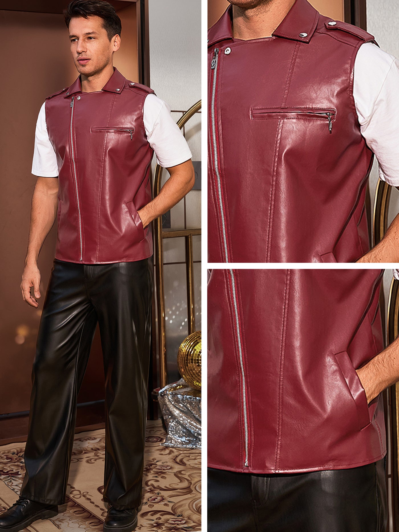 Bublédon Men's Faux Leather Motorcycle Biker Sleeveless Jacket Zipper Riding PU Vest