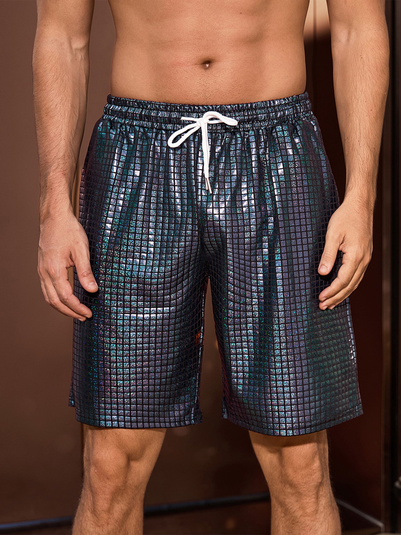 Bublédon Shiny Shorts for Men's Metallic Drawstring Nightclub Disco Glitter Party Plaid Short Pants