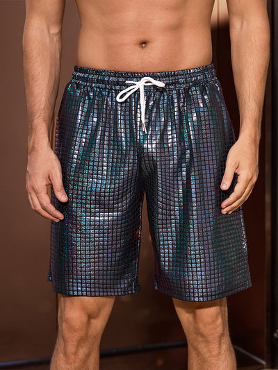 Shiny Shorts for Men's Metallic Drawstring Nightclub Disco Glitter Party Plaid Short Pants