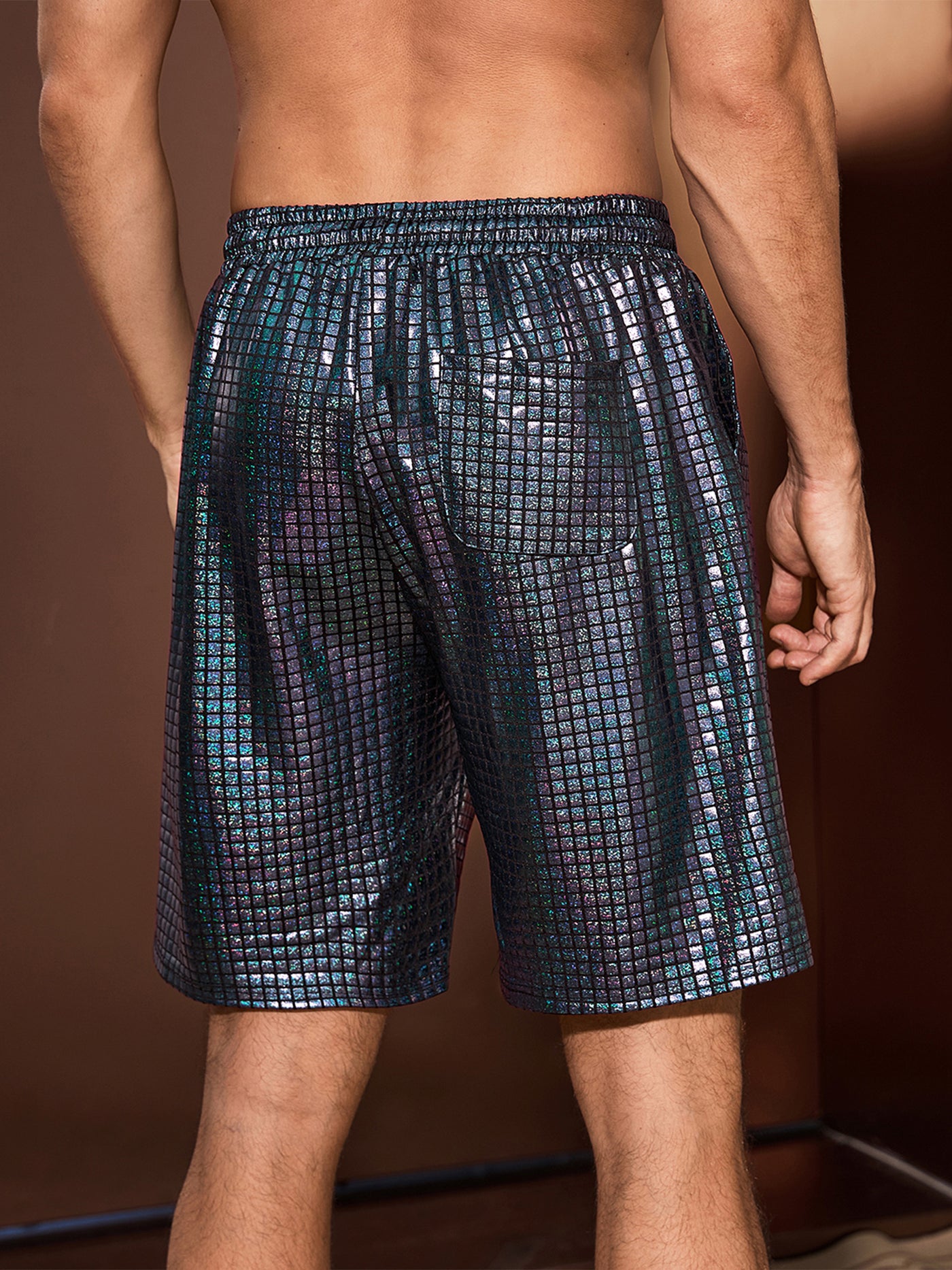 Bublédon Shiny Shorts for Men's Metallic Drawstring Nightclub Disco Glitter Party Plaid Short Pants