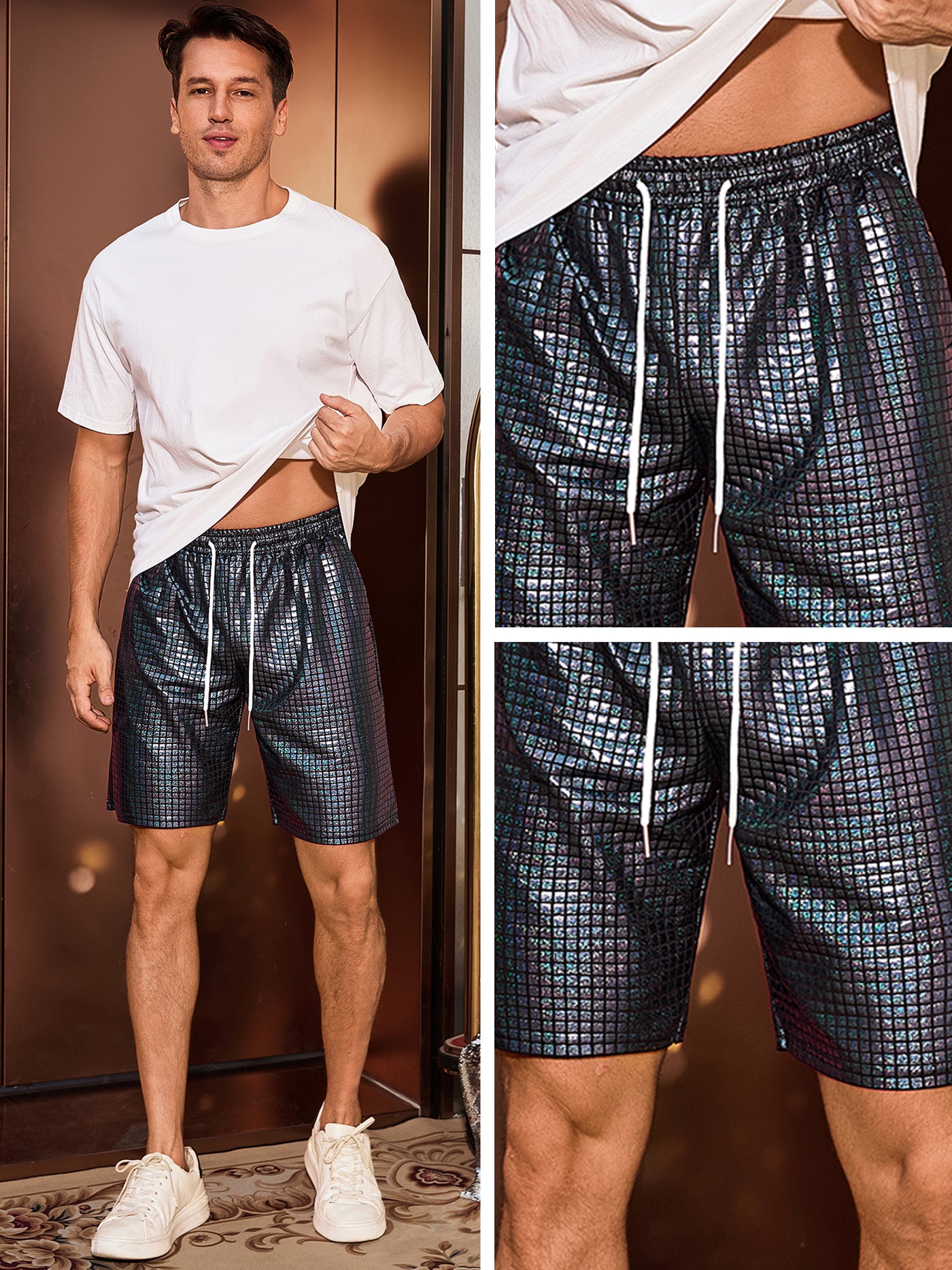 Bublédon Shiny Shorts for Men's Metallic Drawstring Nightclub Disco Glitter Party Plaid Short Pants