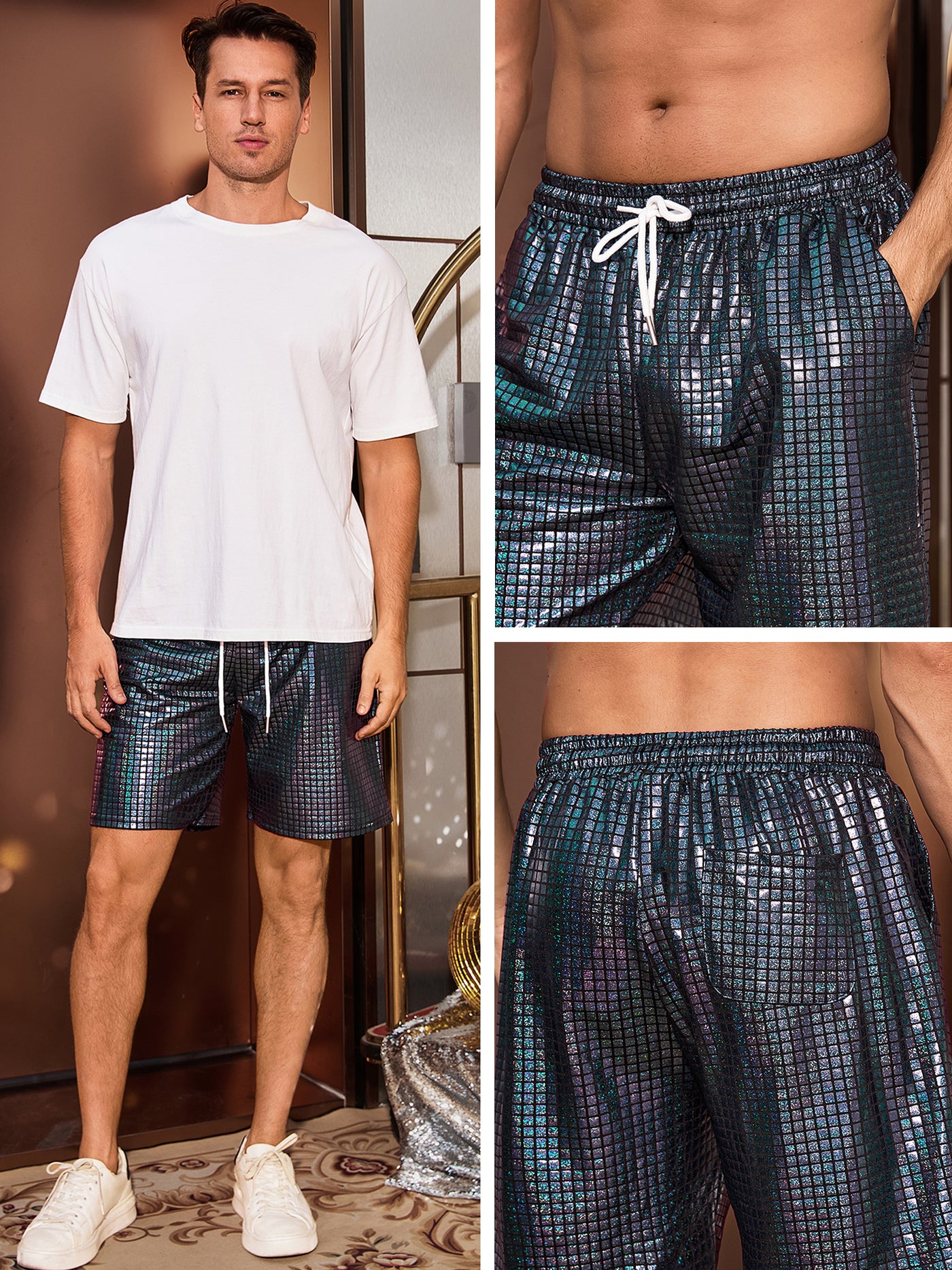 Bublédon Shiny Shorts for Men's Metallic Drawstring Nightclub Disco Glitter Party Plaid Short Pants