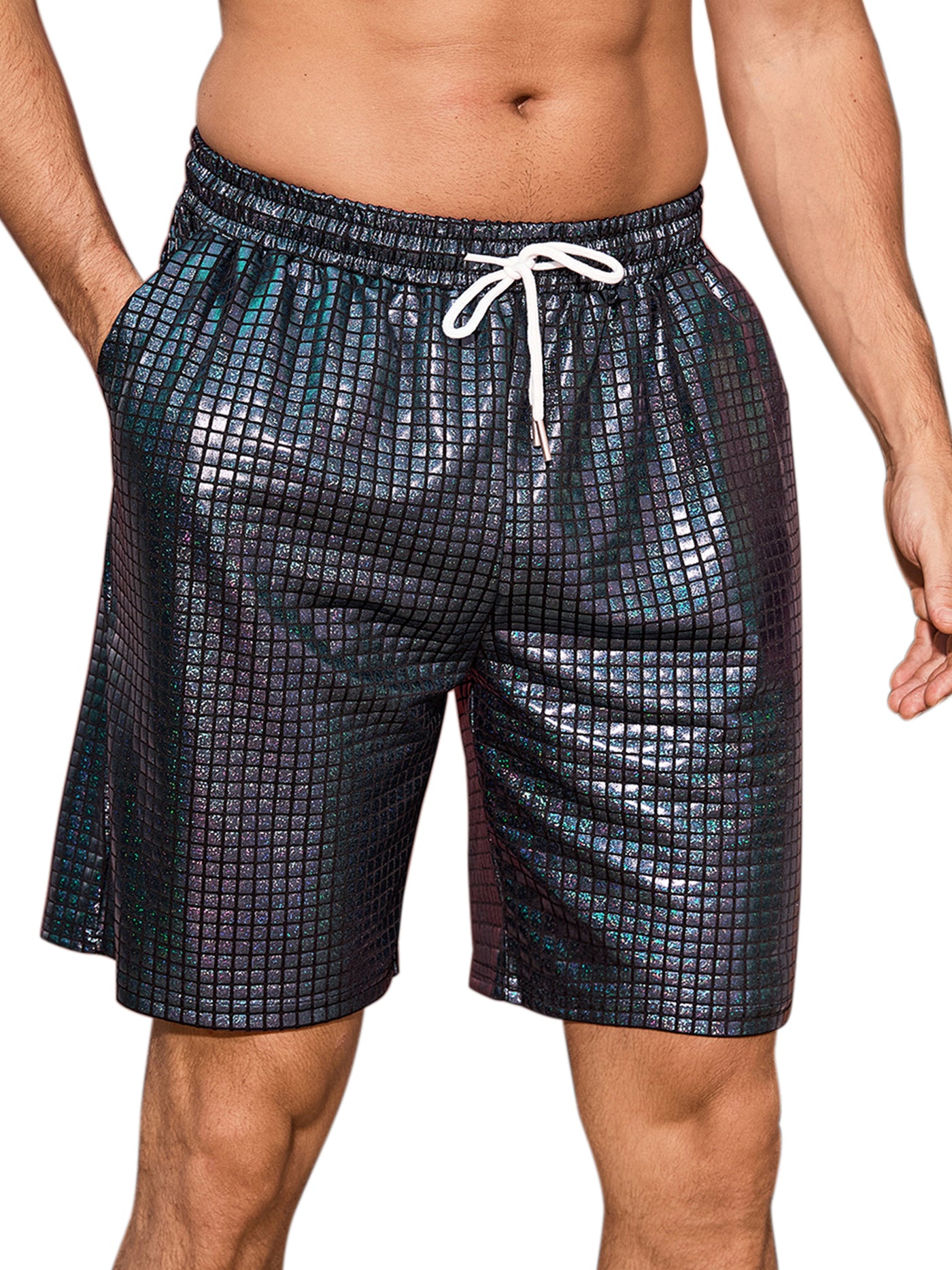 Bublédon Shiny Shorts for Men's Metallic Drawstring Nightclub Disco Glitter Party Plaid Short Pants