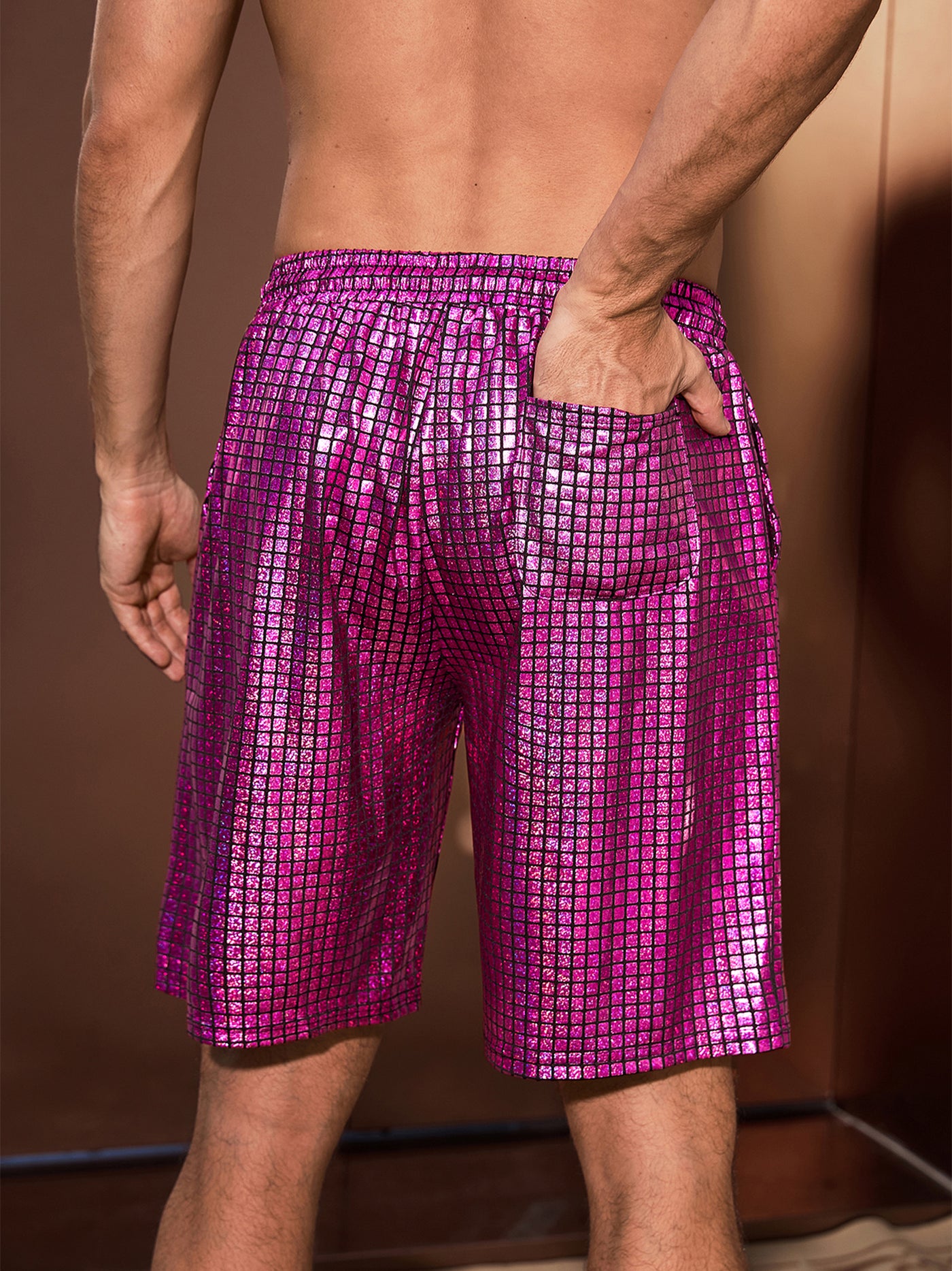 Bublédon Shiny Shorts for Men's Metallic Drawstring Nightclub Disco Glitter Party Plaid Short Pants