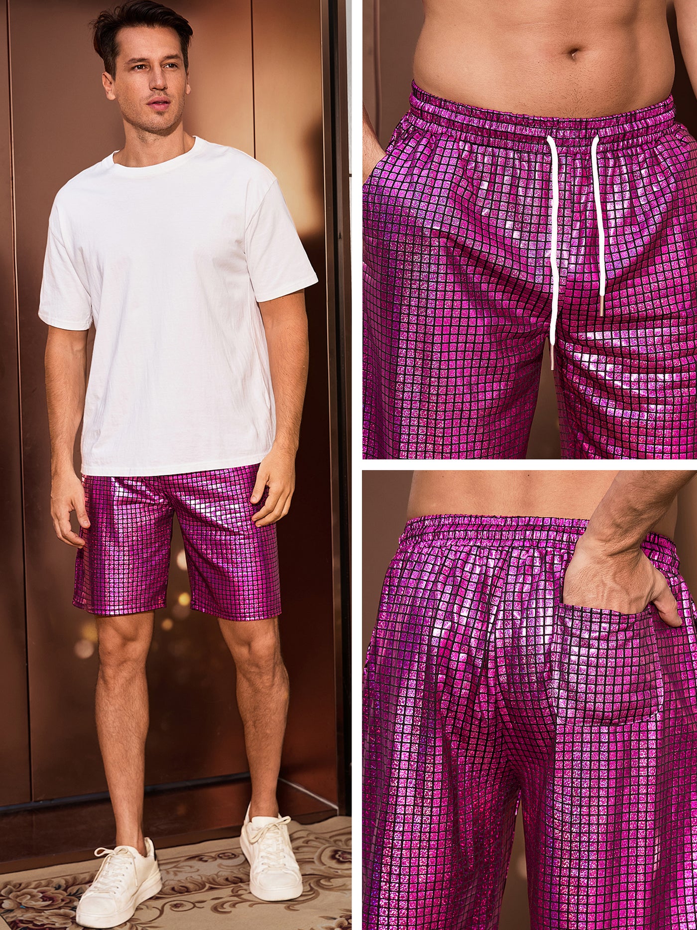 Bublédon Shiny Shorts for Men's Metallic Drawstring Nightclub Disco Glitter Party Plaid Short Pants