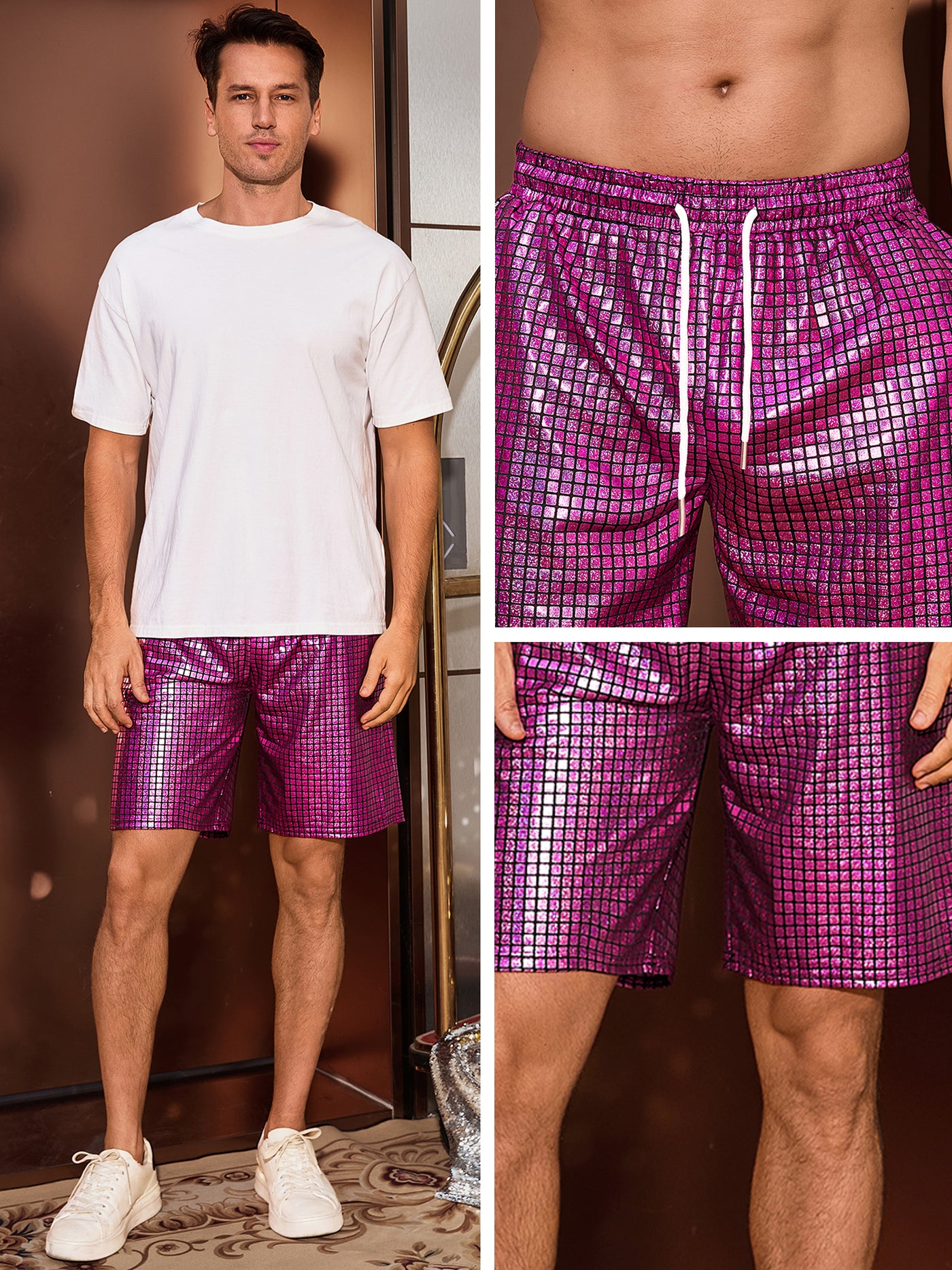 Bublédon Shiny Shorts for Men's Metallic Drawstring Nightclub Disco Glitter Party Plaid Short Pants