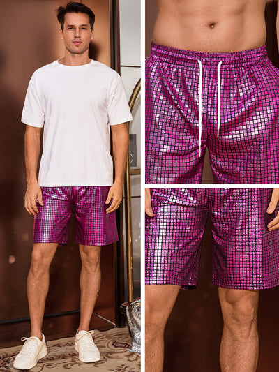 Shiny Shorts for Men's Metallic Drawstring Nightclub Disco Glitter Party Plaid Short Pants