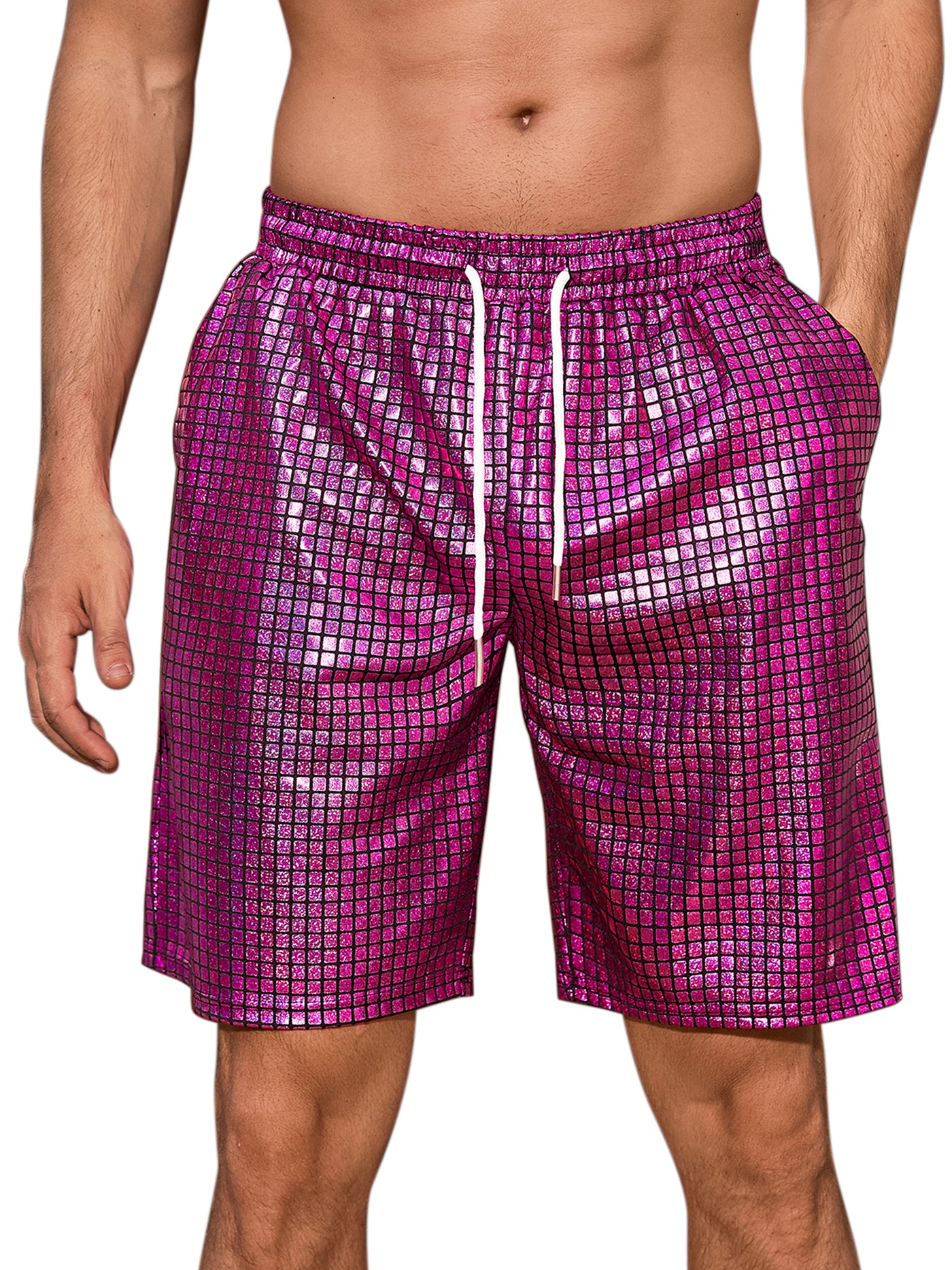 Bublédon Shiny Shorts for Men's Metallic Drawstring Nightclub Disco Glitter Party Plaid Short Pants