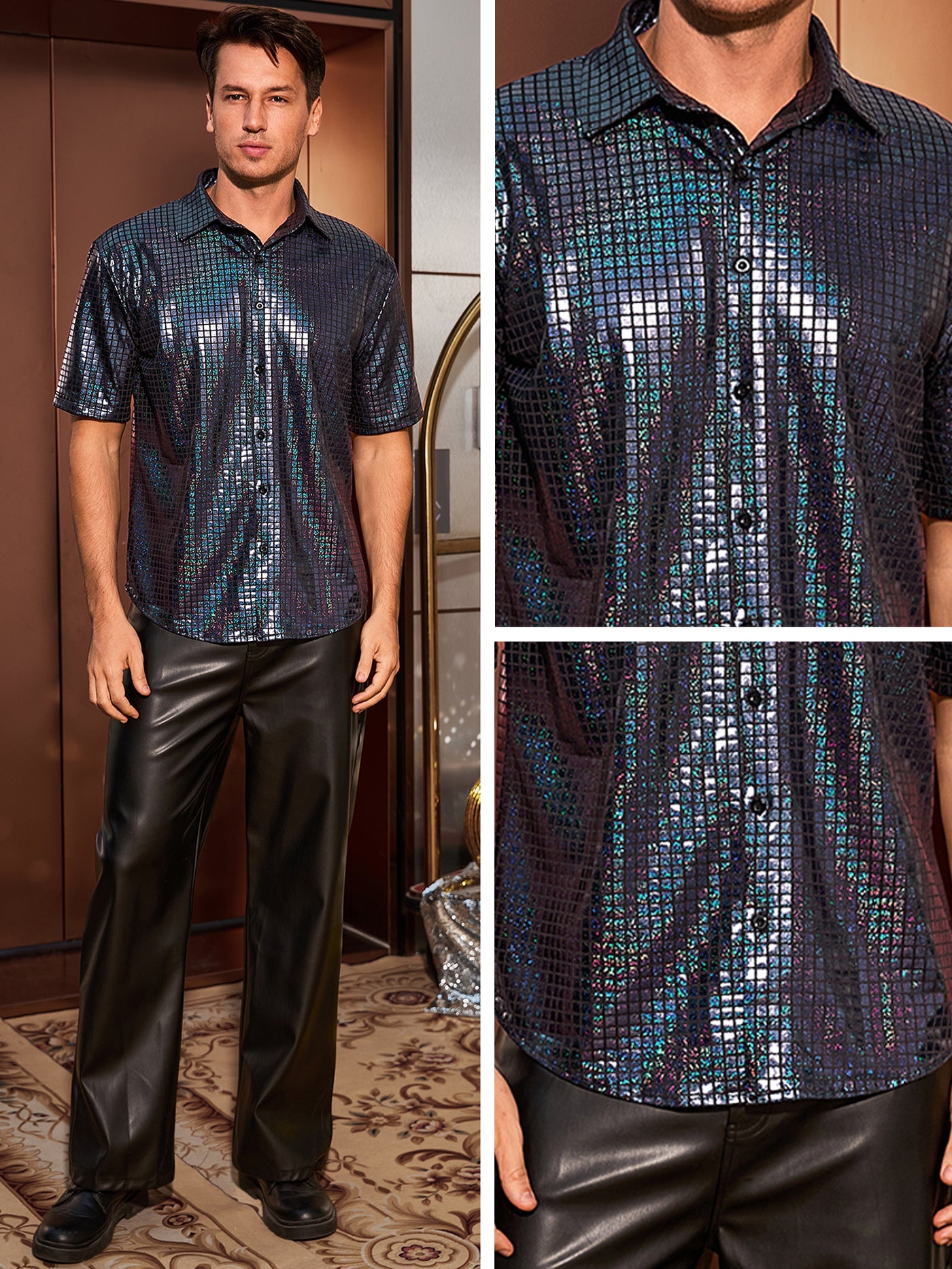 Bublédon Metallic Shirts for Men's Button Down Short Sleeve Nightclub Prom Shiny Party 70s Disco Costume Shirt