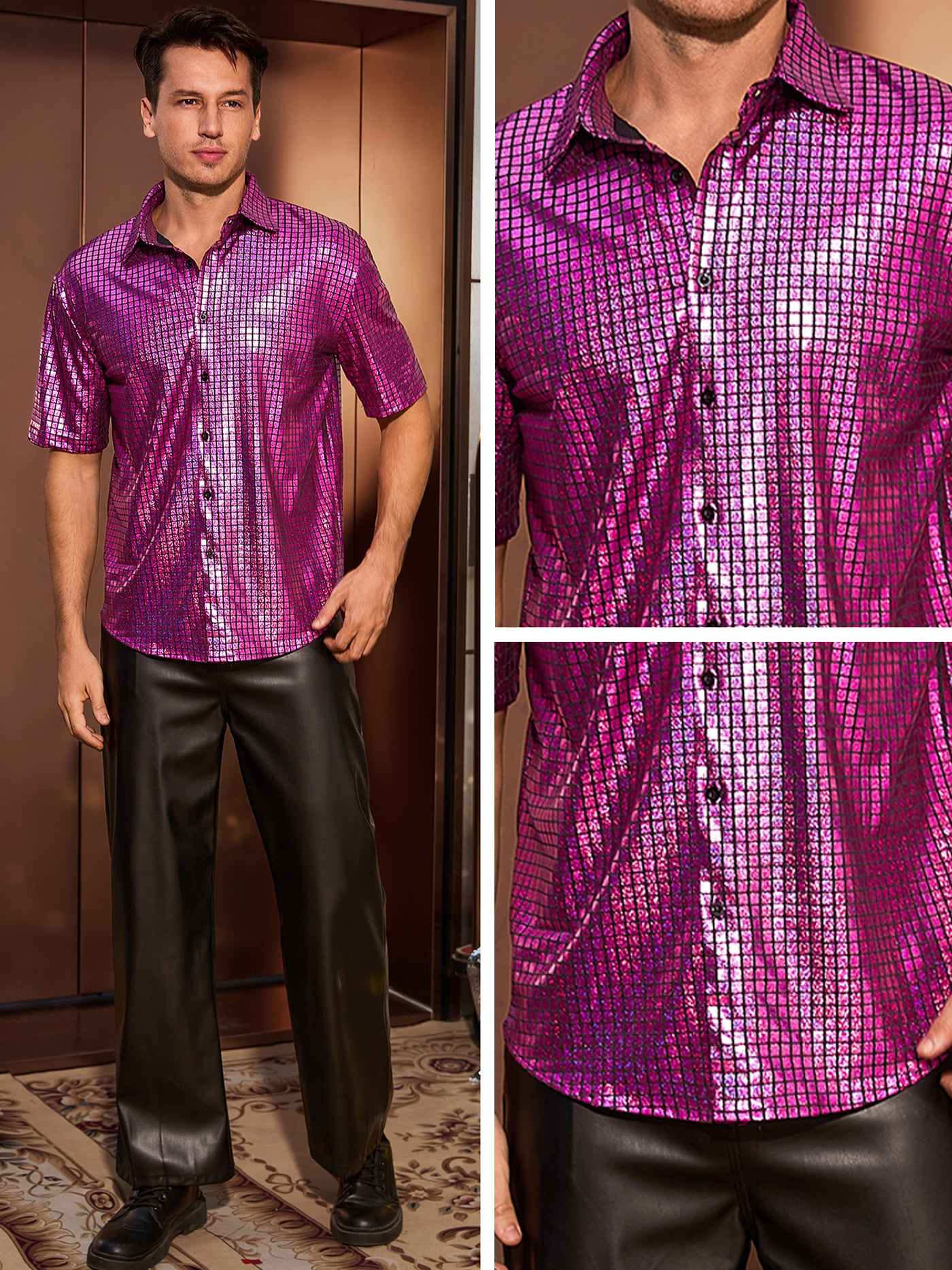 Bublédon Metallic Shirts for Men's Button Down Short Sleeve Nightclub Prom Shiny Party 70s Disco Costume Shirt