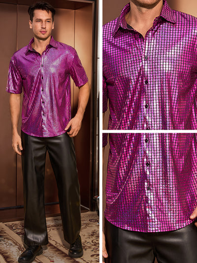 Metallic Shirts for Men's Button Down Short Sleeve Nightclub Prom Shiny Party 70s Disco Costume Shirt