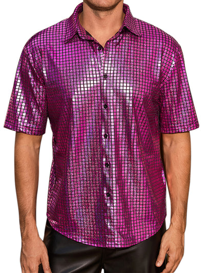 Metallic Shirts for Men's Button Down Short Sleeve Nightclub Prom Shiny Party 70s Disco Costume Shirt