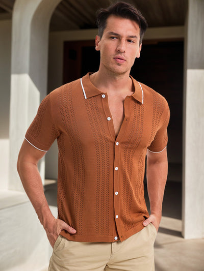 Men's Knit Shirt Button Down Short Sleeve Lightweight Casual Summer Vintage Knited Polo Shirts