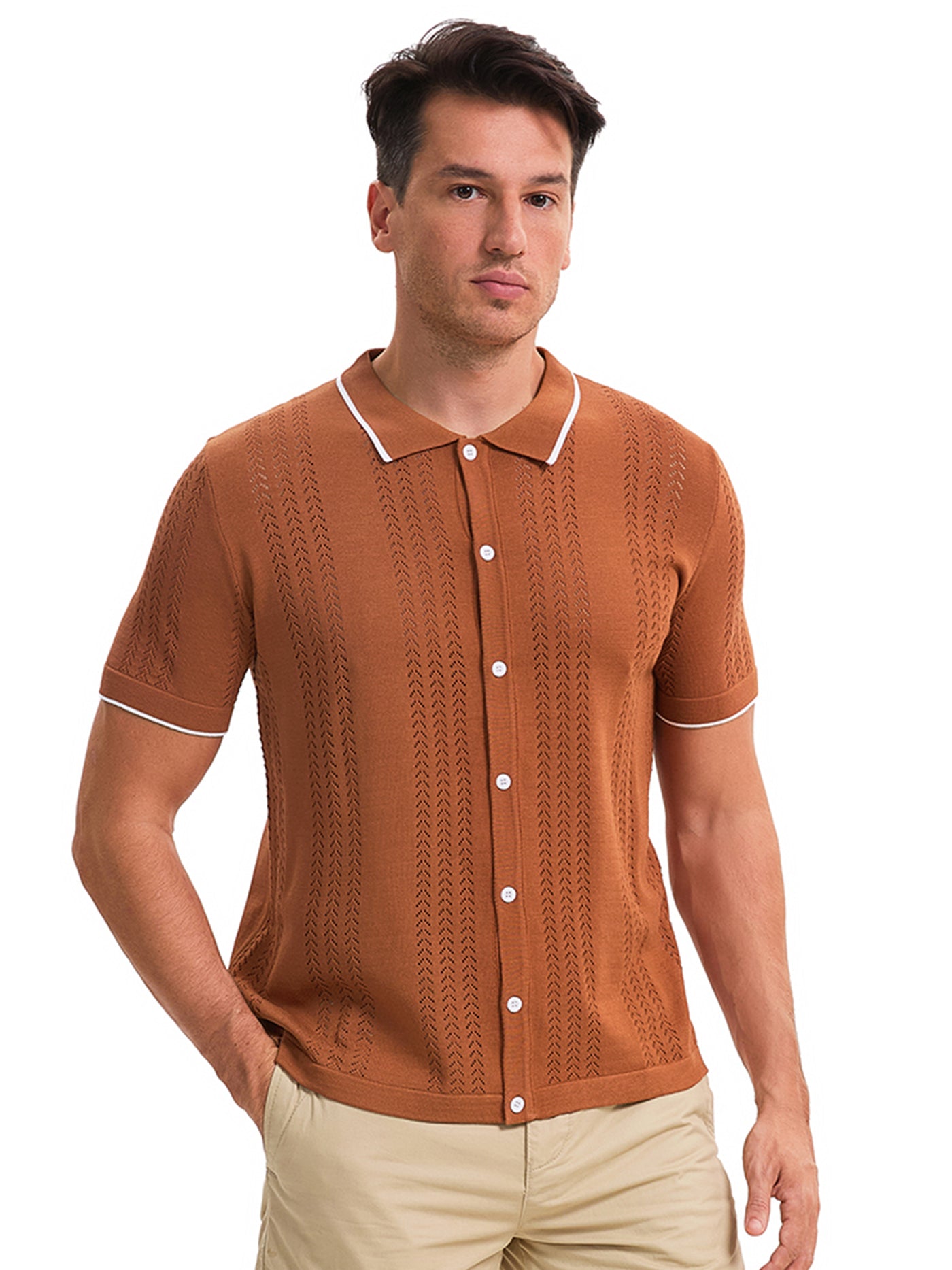 Bublédon Men's Knit Shirt Button Down Short Sleeve Lightweight Casual Summer Vintage Knited Polo Shirts