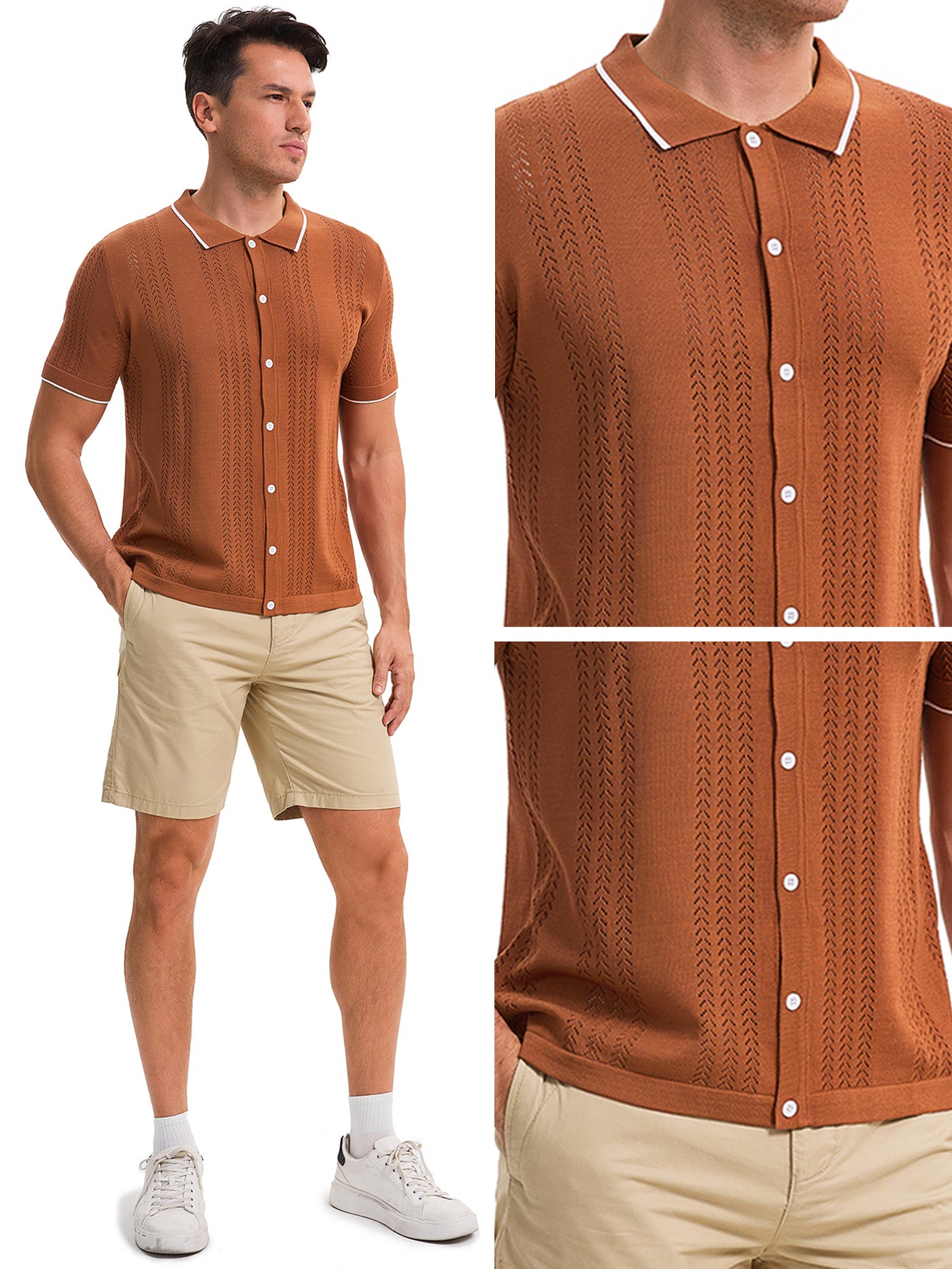 Bublédon Men's Knit Shirt Button Down Short Sleeve Lightweight Casual Summer Vintage Knited Polo Shirts