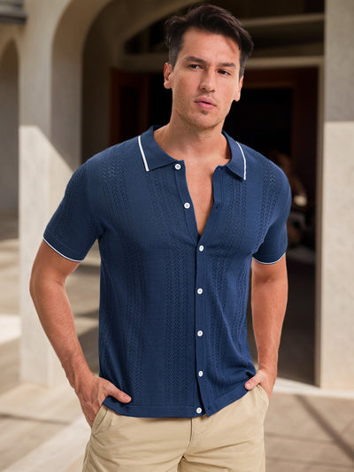 Men's Knit Shirt Button Down Short Sleeve Lightweight Casual Summer Vintage Knited Polo Shirts