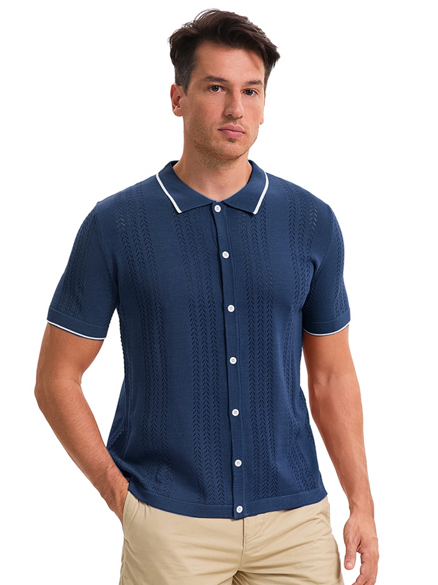 Bublédon Men's Knit Shirt Button Down Short Sleeve Lightweight Casual Summer Vintage Knited Polo Shirts