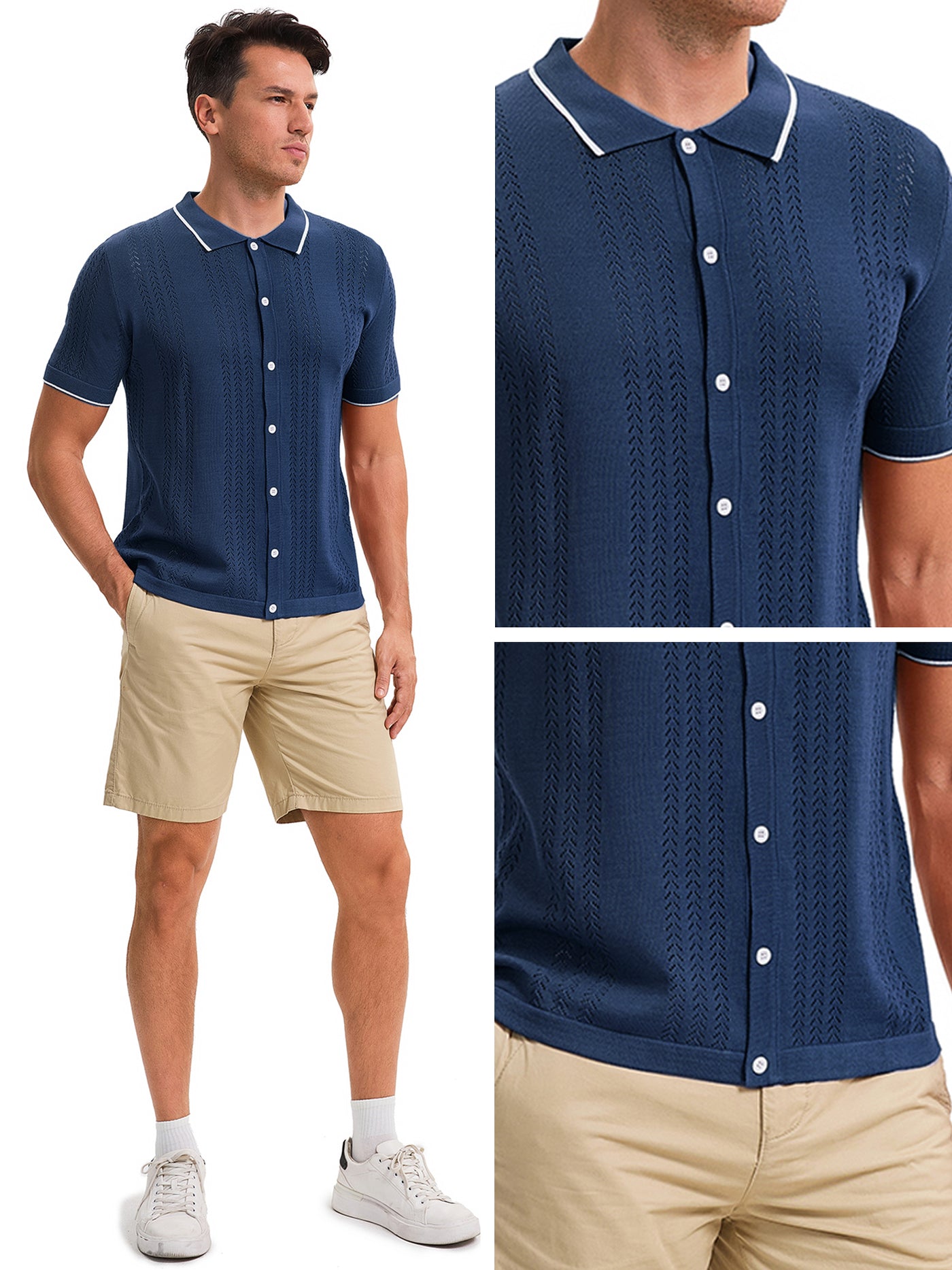 Bublédon Men's Knit Shirt Button Down Short Sleeve Lightweight Casual Summer Vintage Knited Polo Shirts