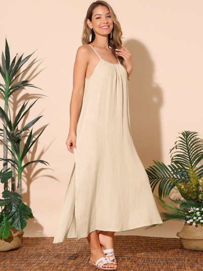 Women's Summer Dresses Linen Maxi Sundress Loose Tie Waist Spaghetti Strap Cami Casual Beach Dress