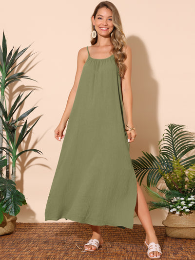 Women's Summer Dresses Linen Maxi Sundress Loose Tie Waist Spaghetti Strap Cami Casual Beach Dress